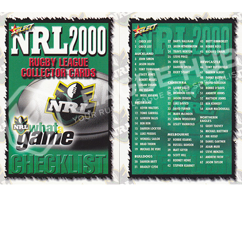 2000 Select NRL 1-2 Checklist Cards